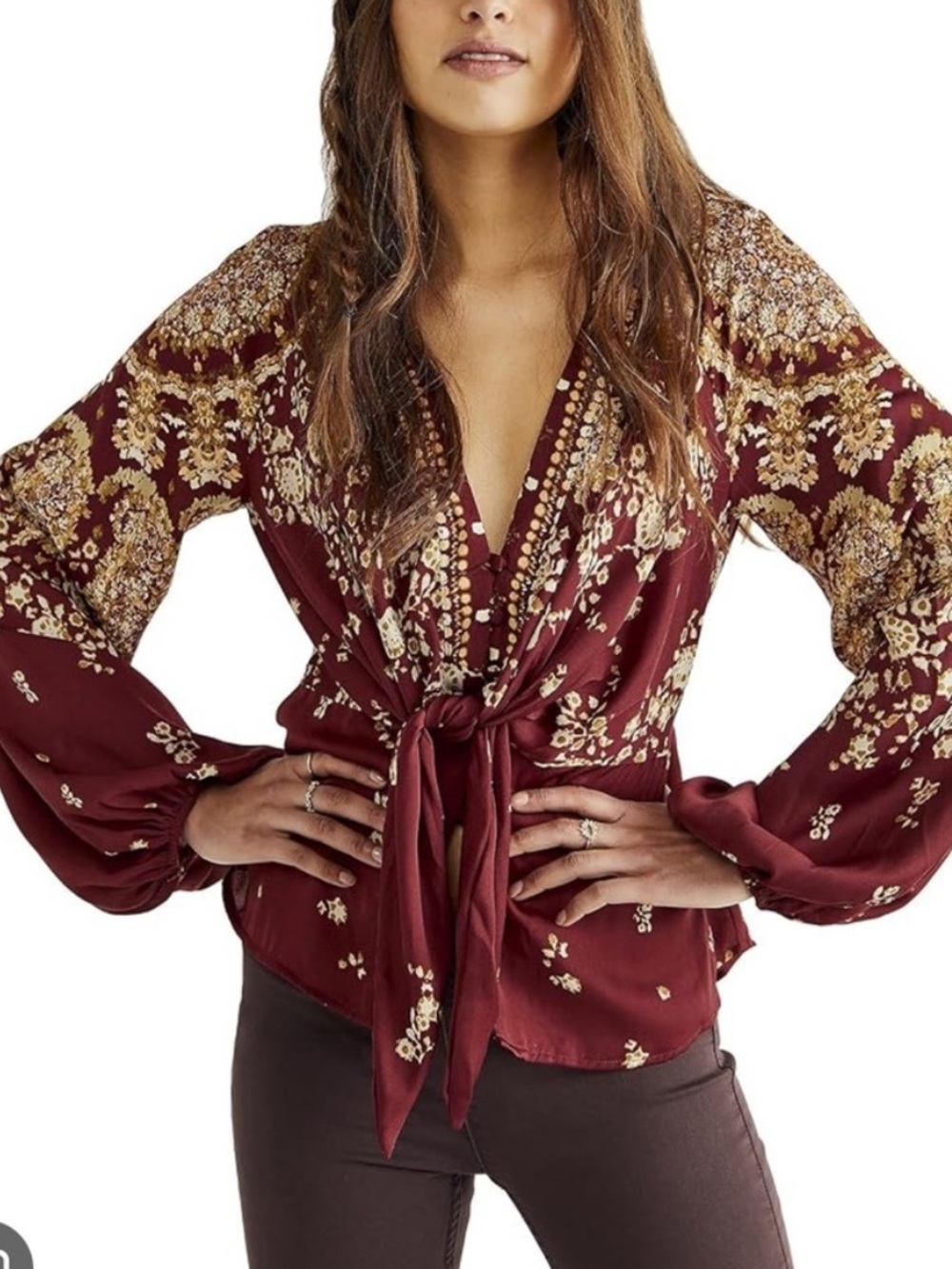 Free People Burgundy and Gold Floral Tie-Front Top